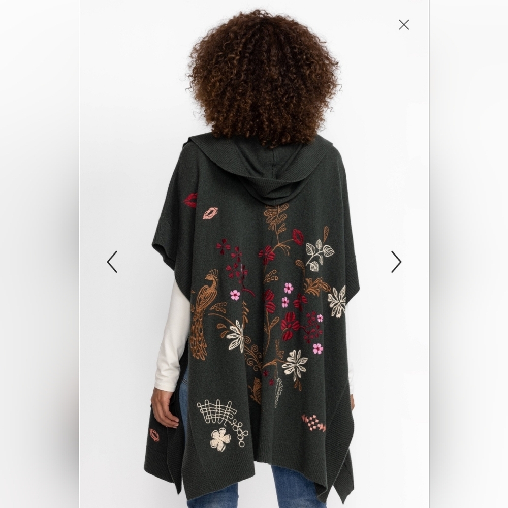 Johnny Was ZuZu Cape Floral Bird Embroidered Wool Cashmere Duster Sweater Hood​